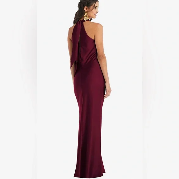 DRAPED TWIST HALTER TIE-BACK TRUMPET GOWN IN CABERNET - Picture 2 of 3